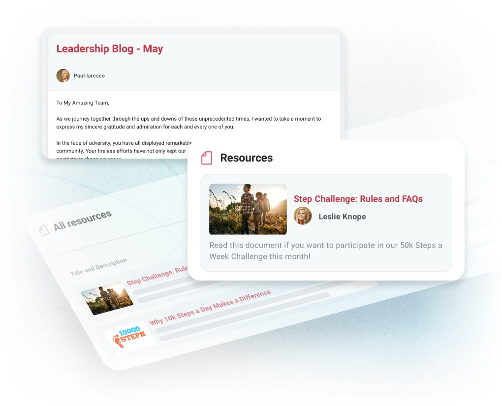 Resources hosted in Motivosity including PDFs, leadership blogs, Google Drive files, external links, and more.
