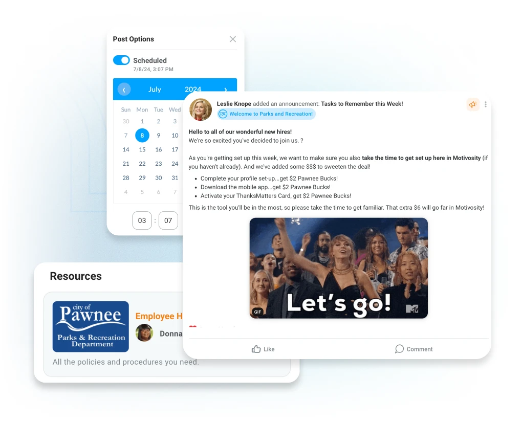 Employee communication tools in Motivosity with announcements, post scheduling, and resource hosting.