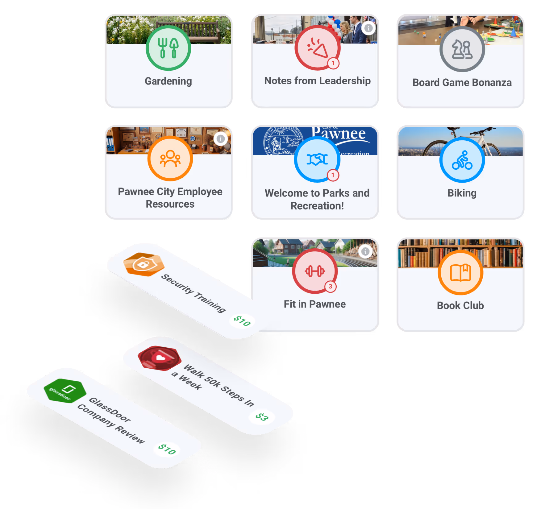 Employee spaces in Motivosity for company programs, interest groups, ERGs, and workplace communities.