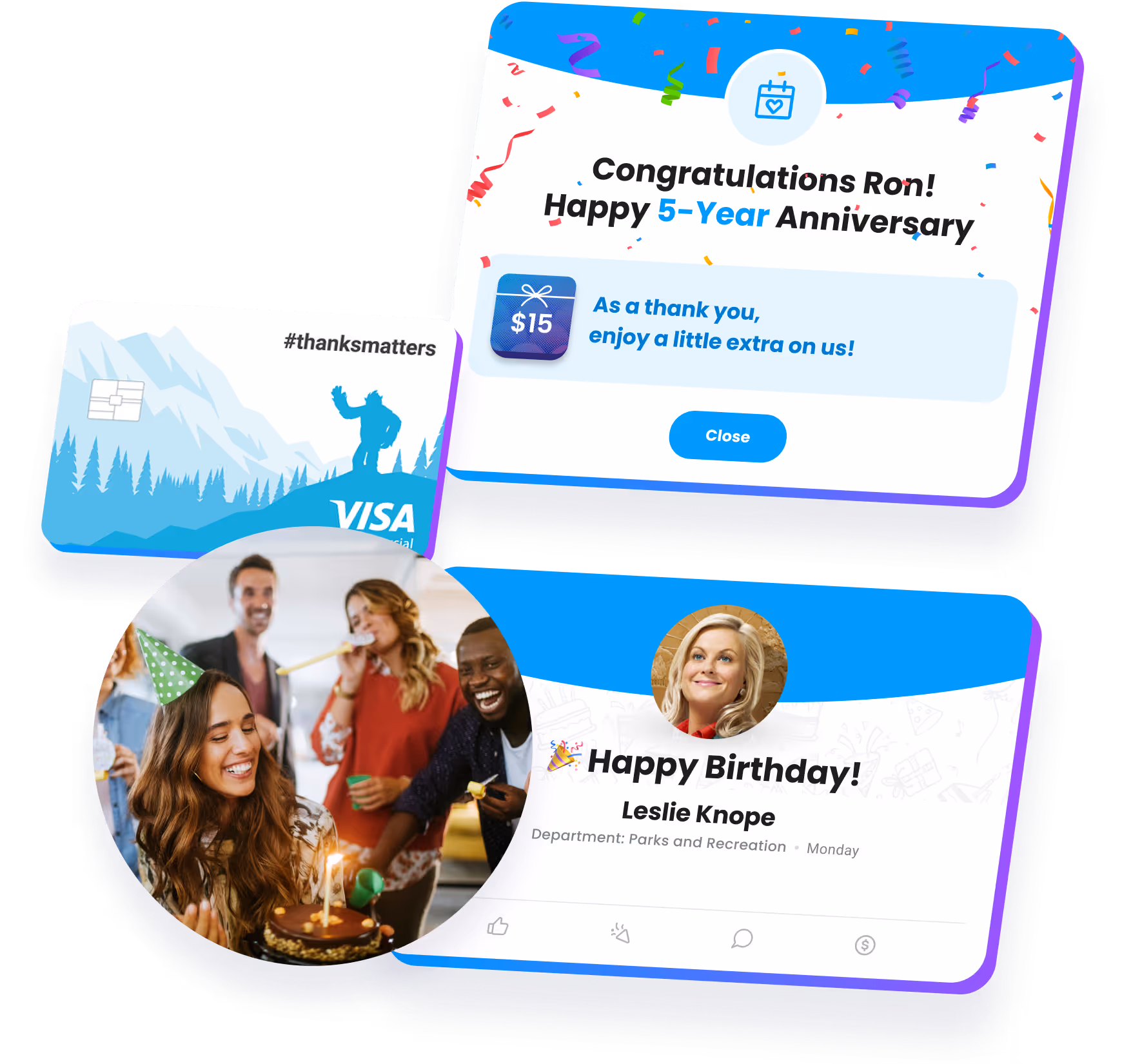 Milestone celebrations in Motivosity for employee service awards, onboarding milestones, and birthday recognition.