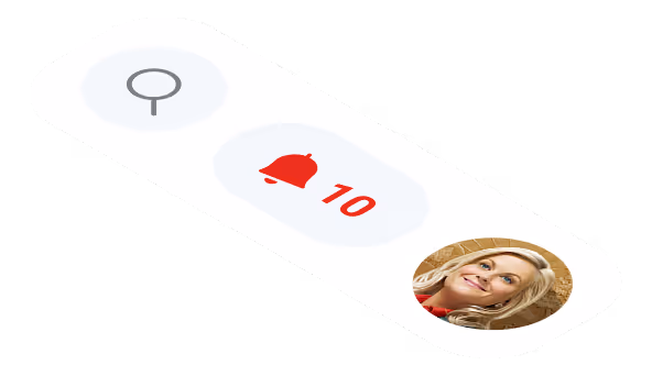 User interface bar with a magnifying glass search icon, a red notification bell showing 10 alerts, and a circular profile picture of a smiling blonde woman.
