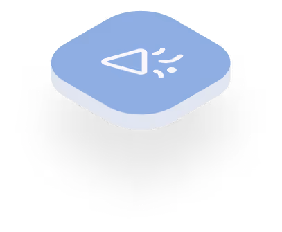Blue rounded square icon with white megaphone symbol emitting sound waves, casting a shadow below.