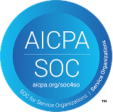 AICPA SOC certification badge for Service Organizations with text 'SOC for Service Organizations | Service Organizations' on blue circular background.