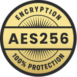 Seal badge with text 'ENCRYPTION AES256 100% PROTECTION' around a sunburst pattern.