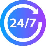 White 24/7 text inside a circular arrow on a blue and purple gradient background, indicating continuous availability.