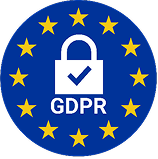 Blue circle with yellow stars around a white lock icon and GDPR text, symbolizing data protection.
