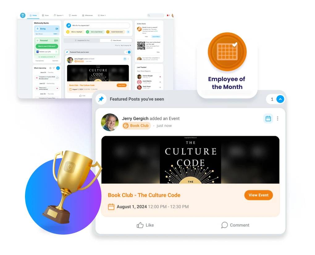 Social platform in Motivosity featuring events, awards, and employee recognition that build connection and company culture.