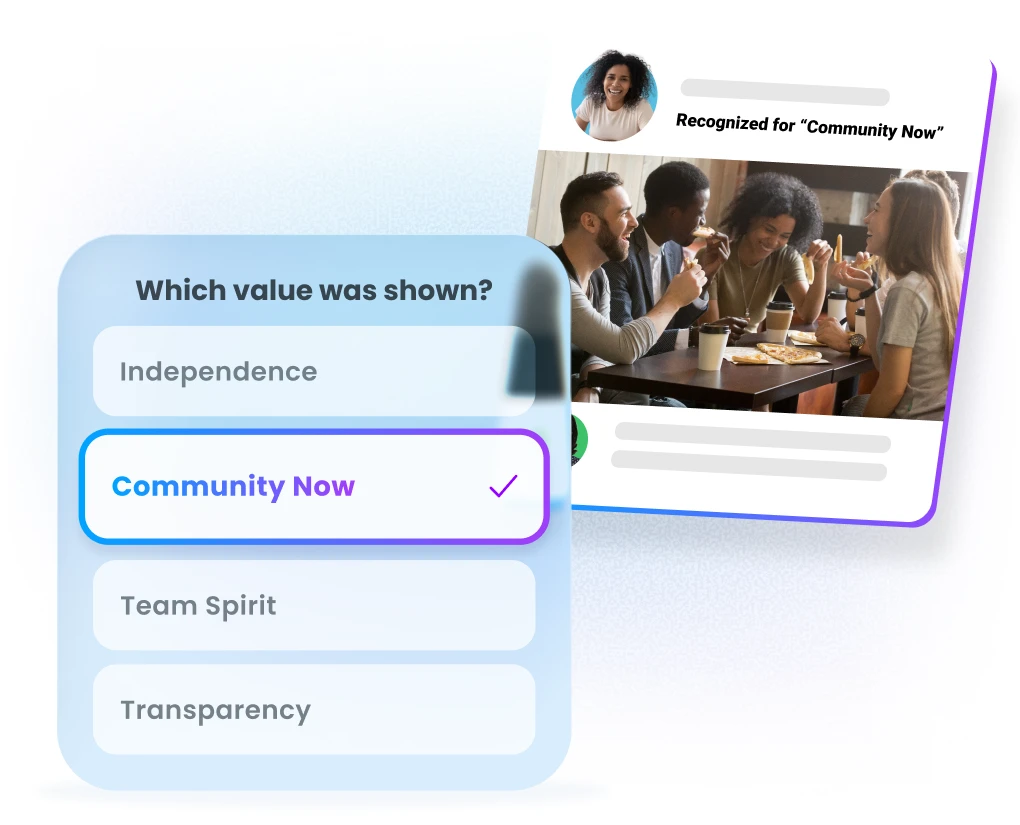 Custom company values in Motivosity with employees being recognized for living and demonstrating those values at work.