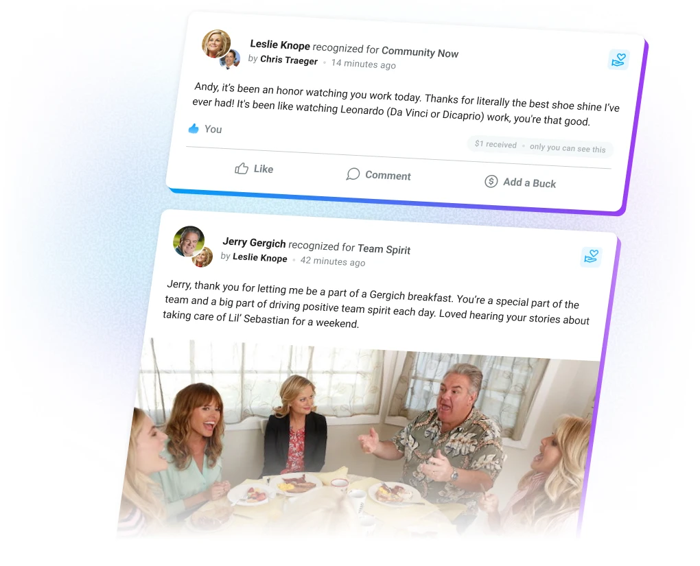 Value-based peer recognition in Motivosity shared on the social feed to celebrate employees living company values.