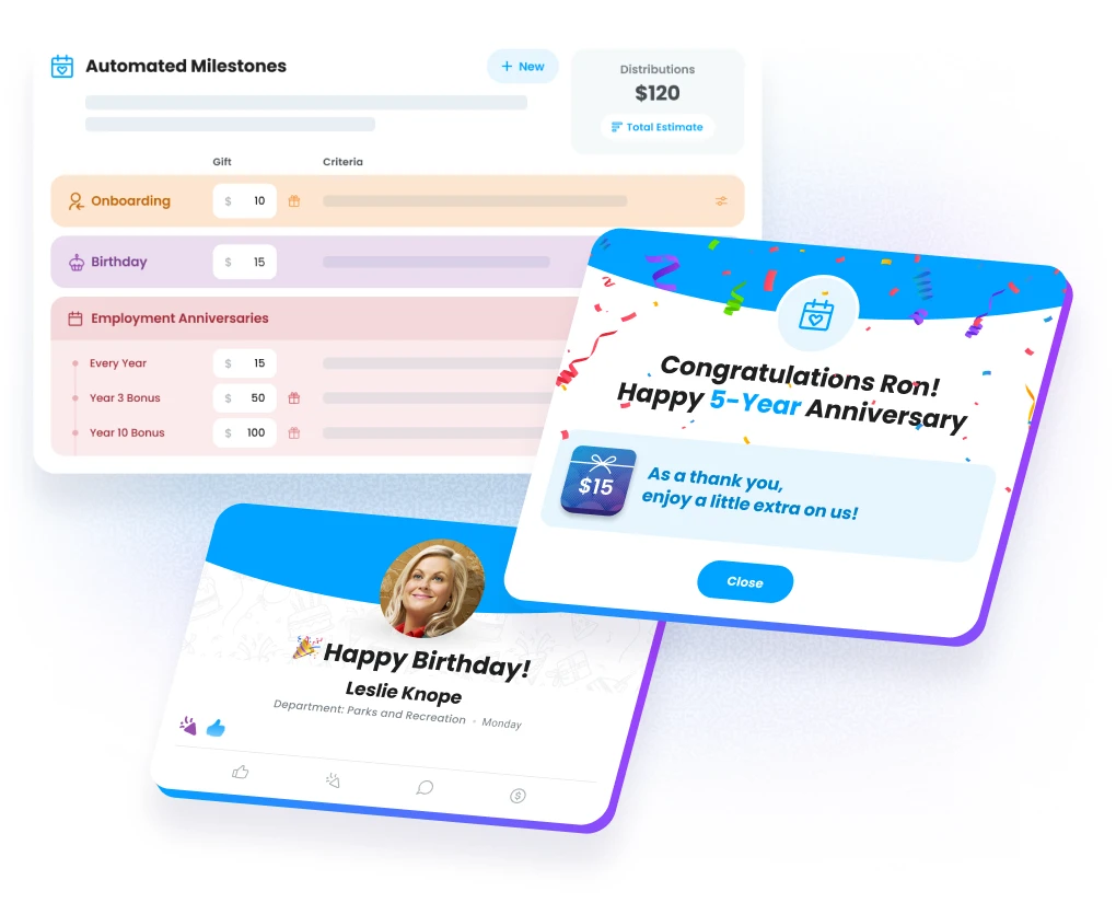 Motivosity platform celebrating employee milestones like service anniversaries and birthdays with meaningful gifts.