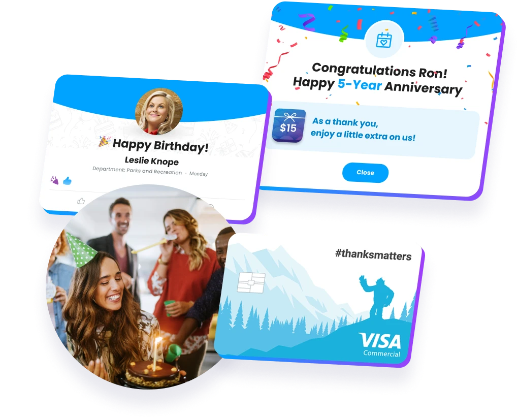 Motivosity platform celebrating employee milestones such as service anniversaries and birthdays with gifts.