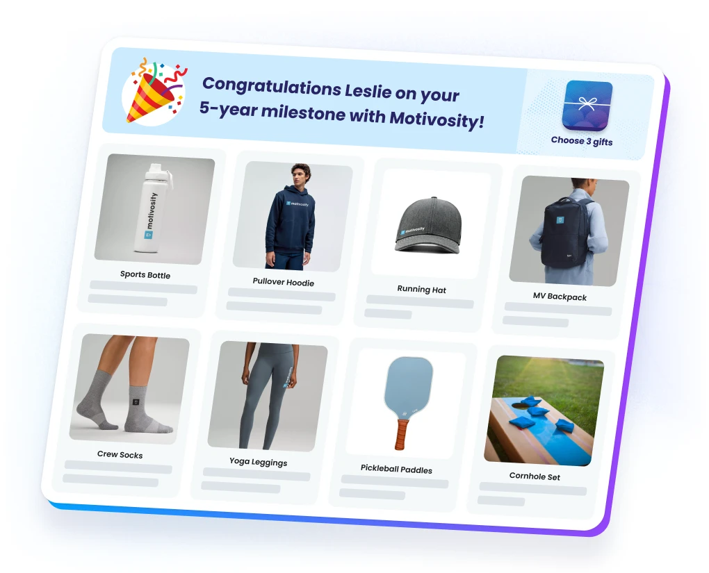 Motivosity milestone recognition platform with personalized gift catalogs where employees choose their own rewards.