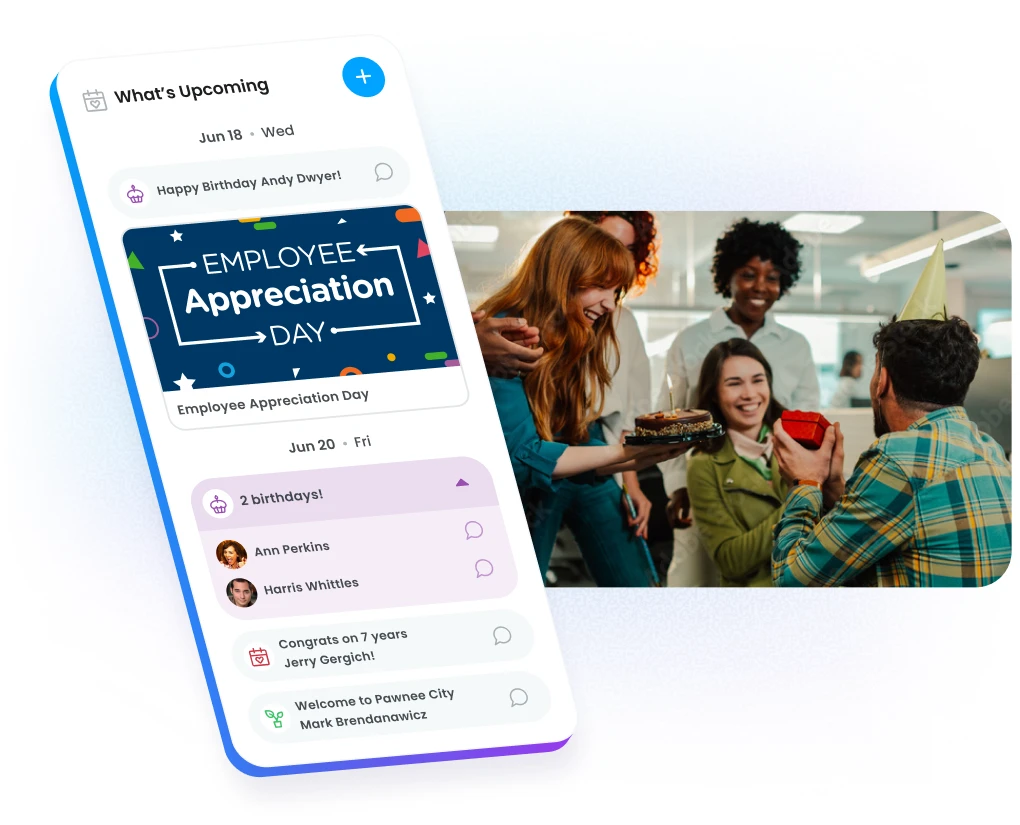 Motivosity platform with smart notifications and milestone reminders for scheduling comments and celebrations in advance.