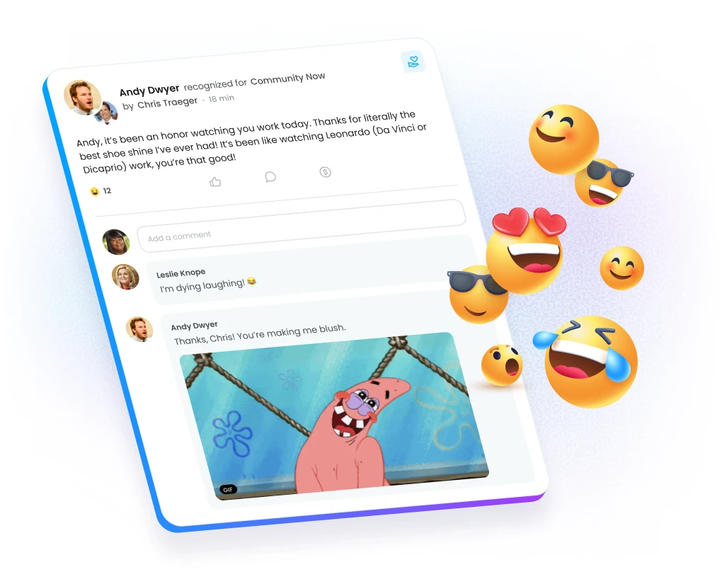 Peer-to-peer employee recognition shared in Motivosity’s company-wide social feed connecting employees globally.
