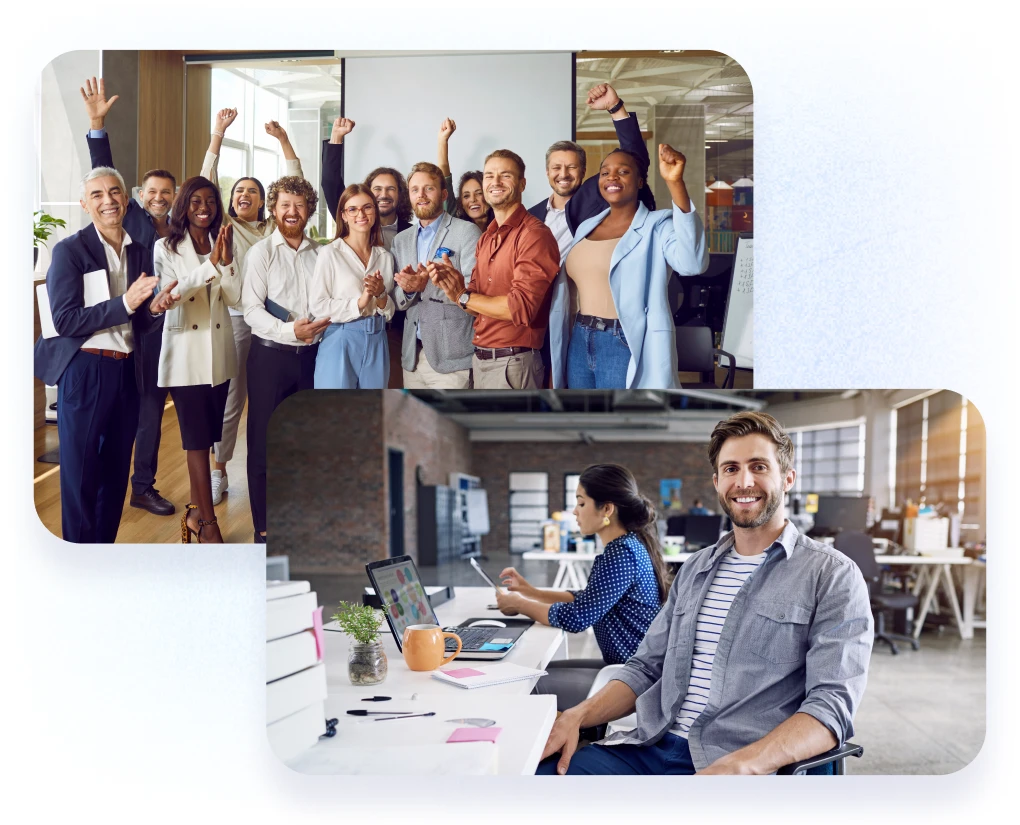 Happy employees connected and engaged at work through strong company culture and recognition in Motivosity.