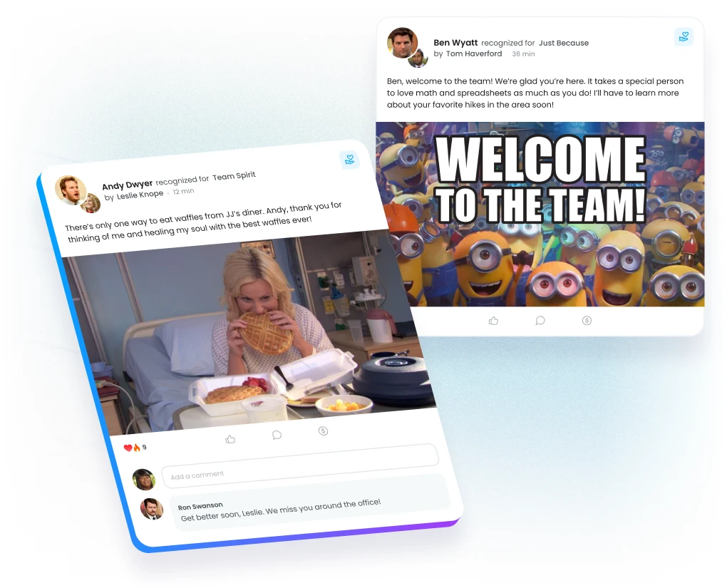 Peer-to-peer recognition in Motivosity reinforcing company values, welcoming new employees, and celebrating achievements.