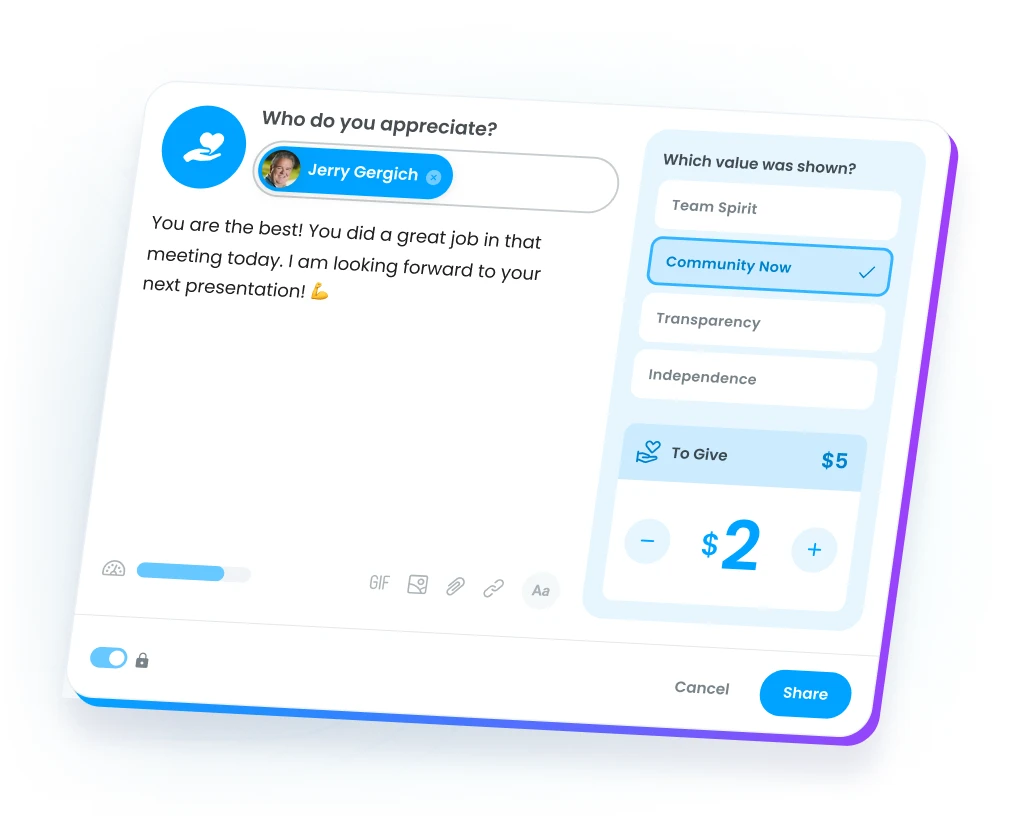 Peer recognition in Motivosity tied to company values, reinforcing culture through employee appreciation.