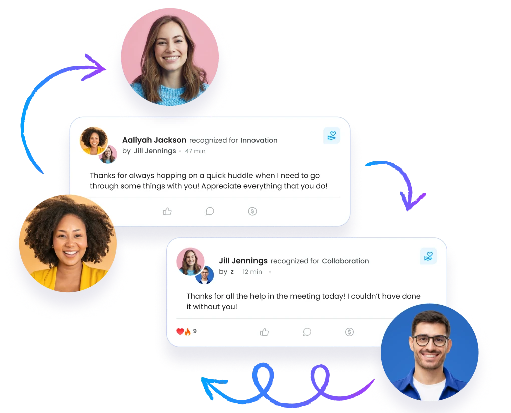 Employees giving peer recognition in Motivosity to build connection and break down department silos.