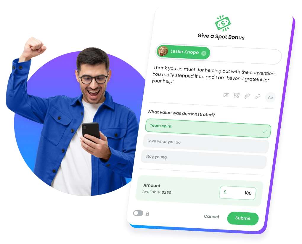 Employee receiving a spot bonus in Motivosity tied to company values and employee achievements.