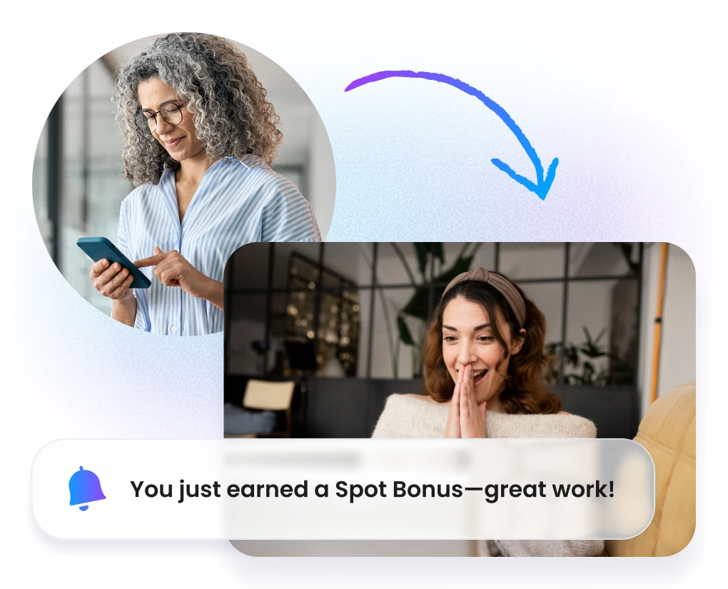 Manager instantly giving an employee a spot bonus in Motivosity to reward great work and performance.