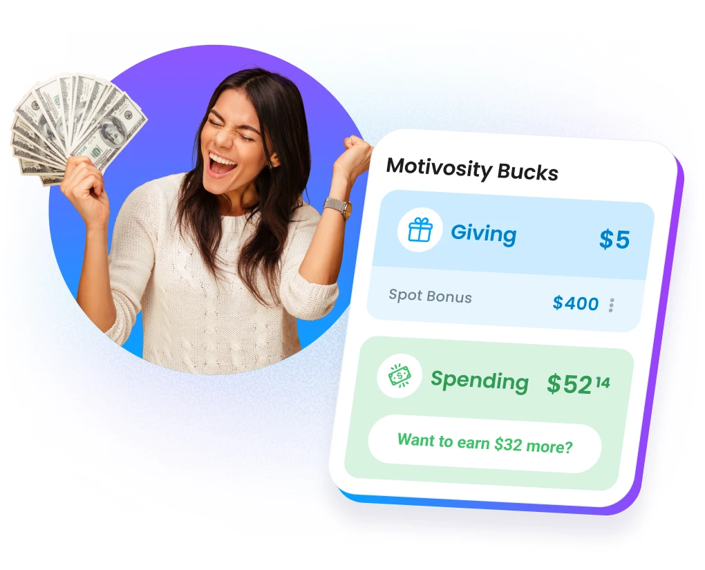 Motivosity employee balances showing spot bonus allocations and rewards earned from recognition.