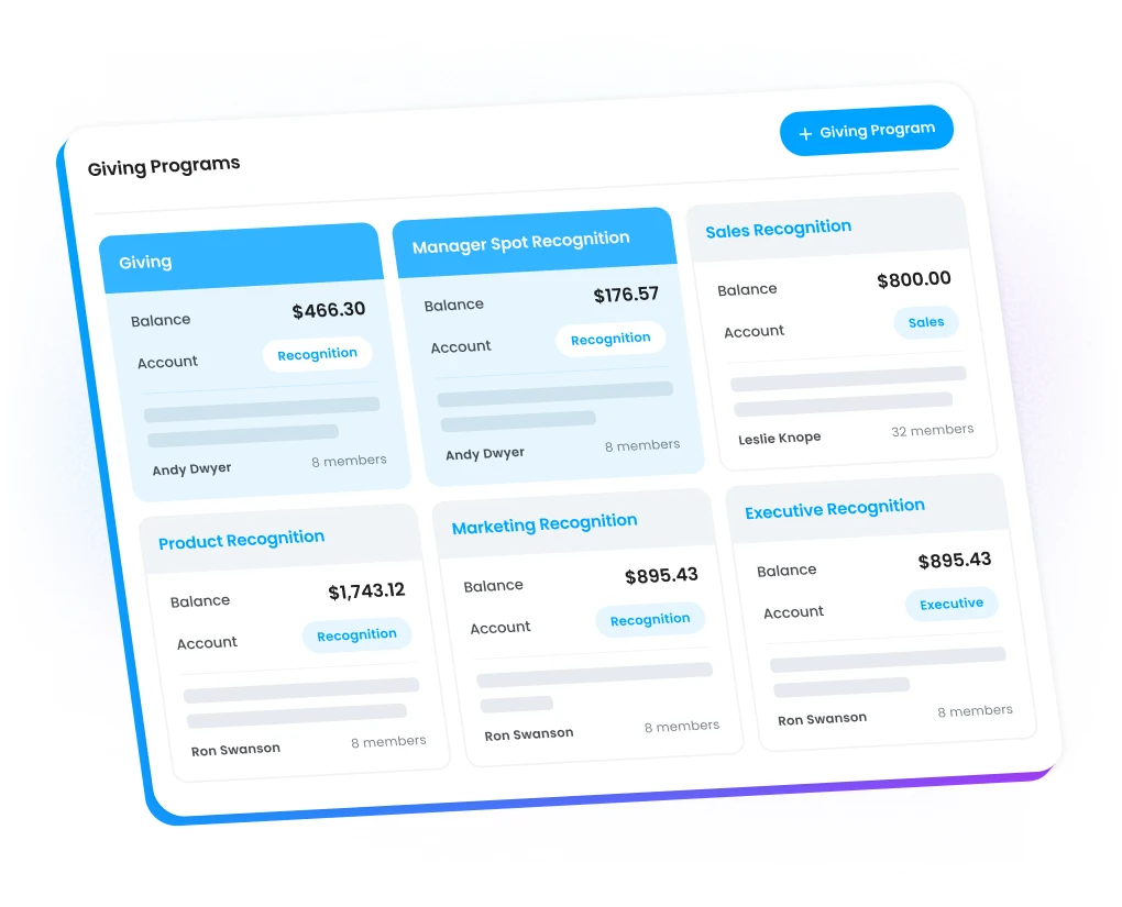 Motivosity Giving Programs dashboard for customizing spot bonus budgets and allocations by specific employee groups.