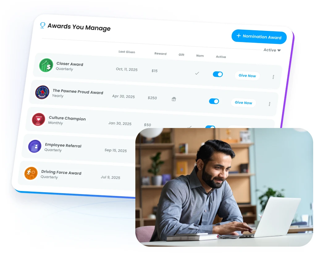 Administrative Motivosity dashboard highlighting nomination awards and manager-driven recognition programs.