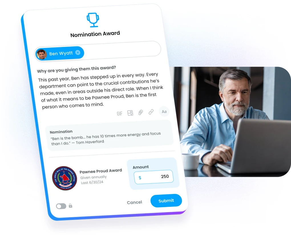 Executives and leadership teams giving awards in Motivosity through automated nomination programs that recognize top performers.