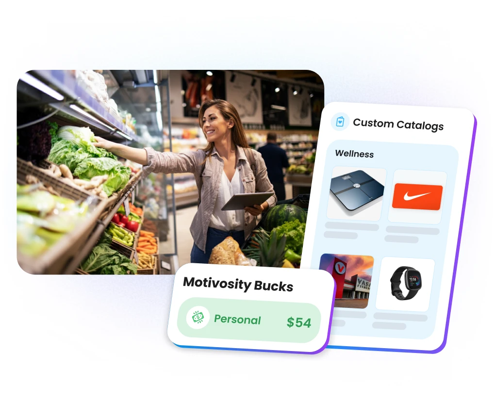 Employee rewards catalog in Motivosity featuring wellness items and incentives tied to achievement awards.