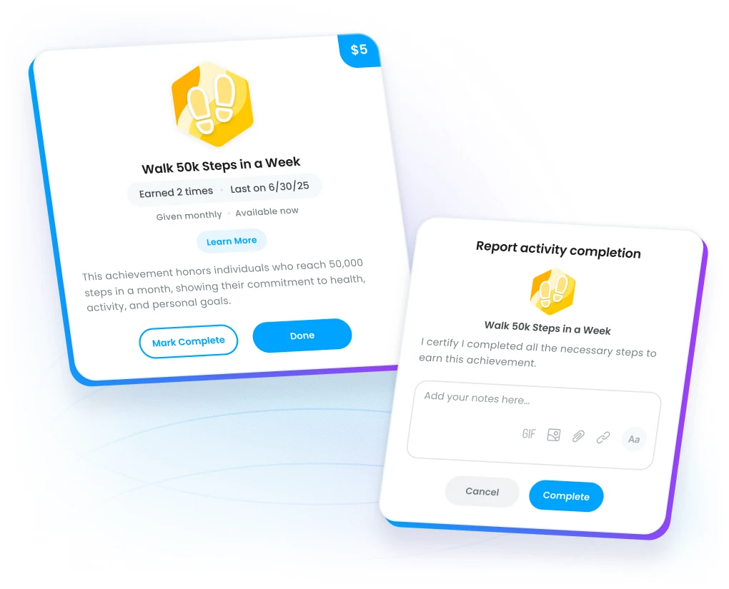 Step challenge in Motivosity encouraging employee wellness, participation, and rewards for healthy activity.