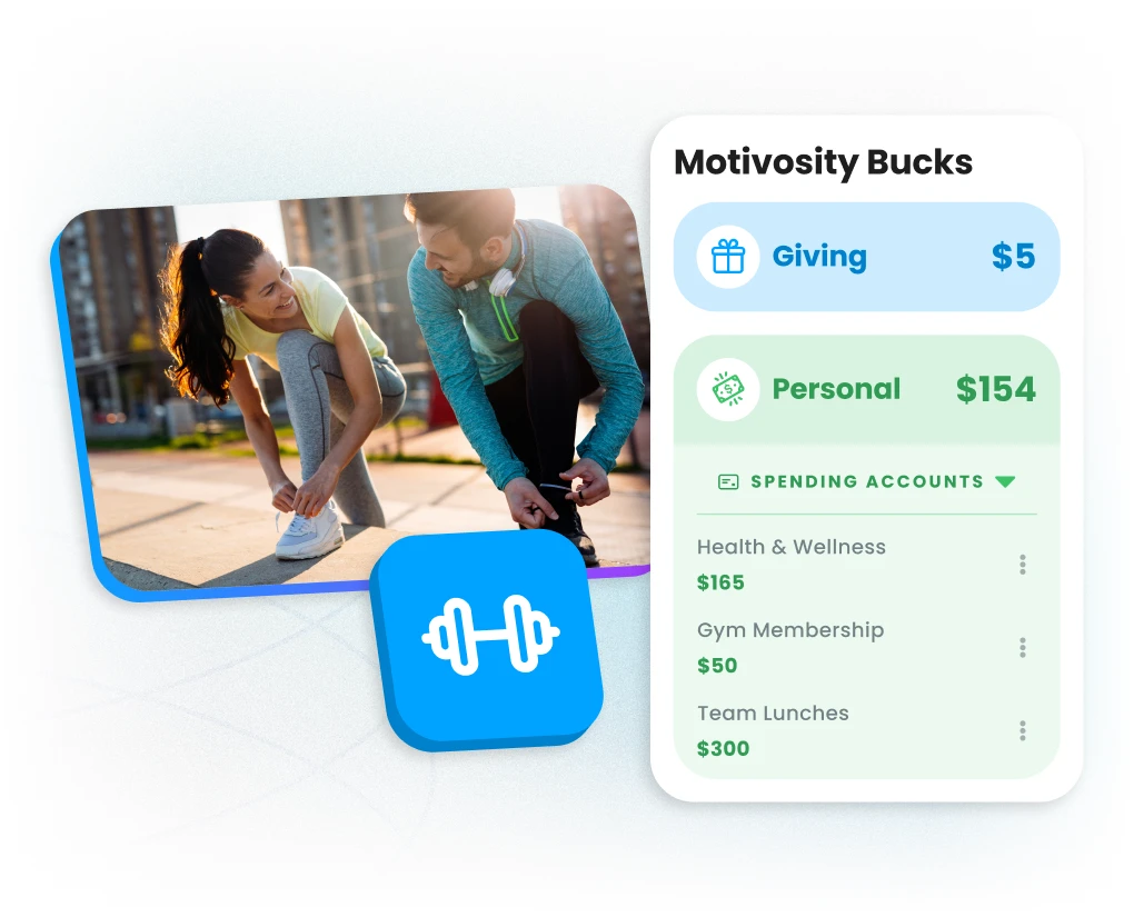 Employee balances displayed in Motivosity alongside employees participating in a wellness challenge as part of Lifestyle Spending Accounts.