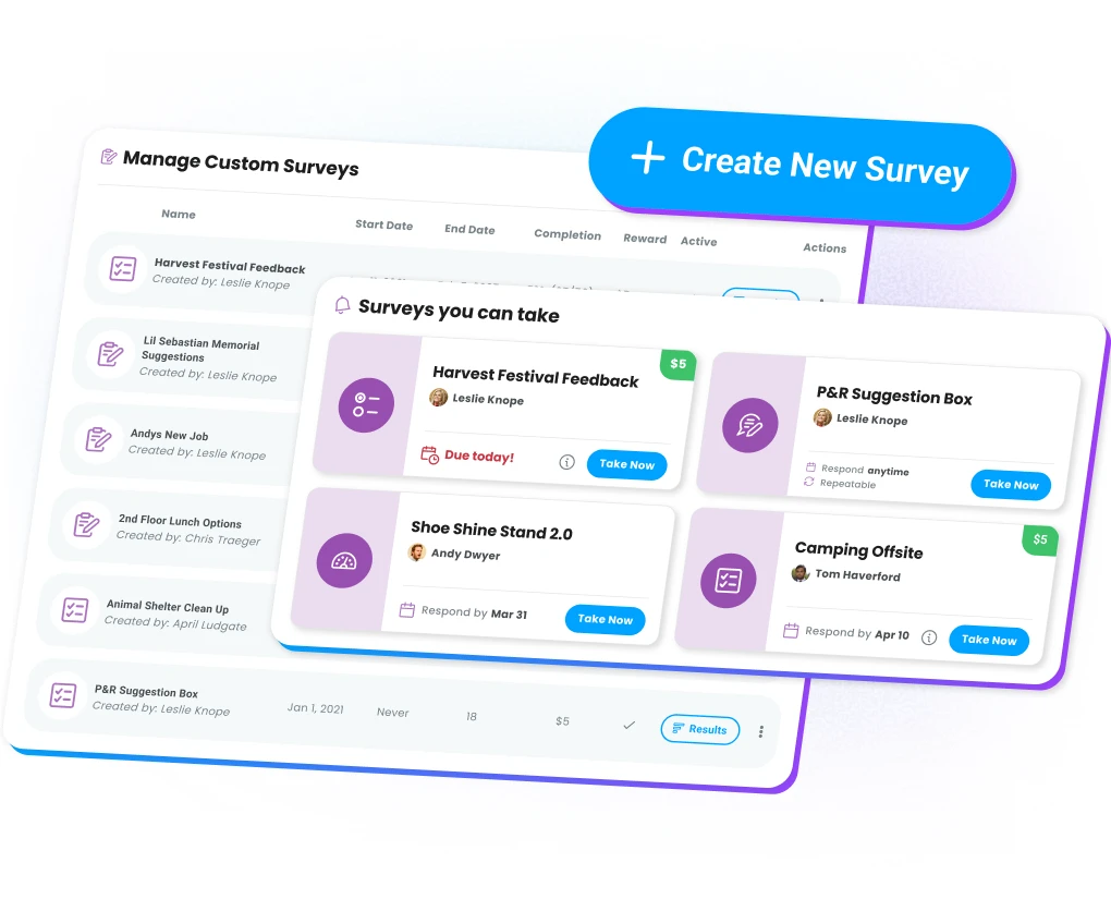 Custom survey dashboard in Motivosity showing tools for creating personalized employee surveys and feedback forms.