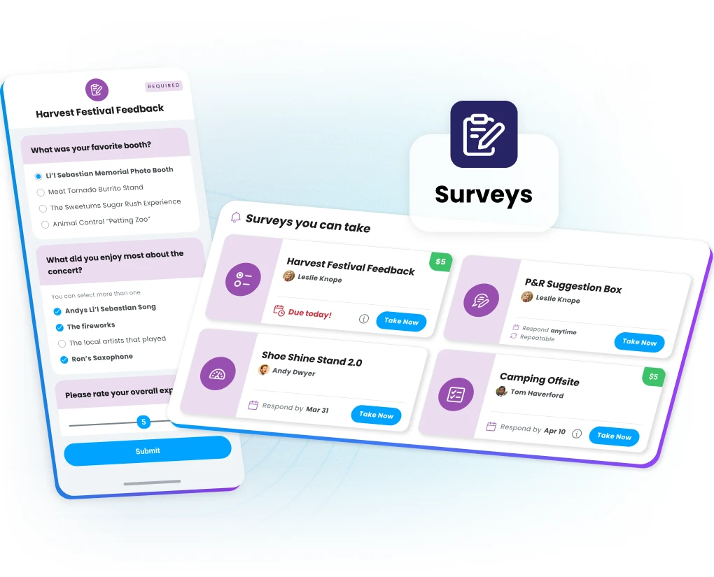 Survey dashboard in Motivosity showing available employee surveys to take for feedback, engagement, and satisfaction tracking.