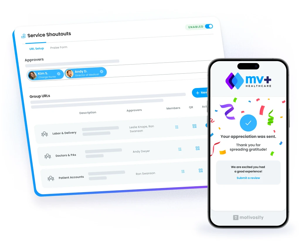 Motivosity service shoutouts dashboard for managing multiple recognition programs and pending approval requests.