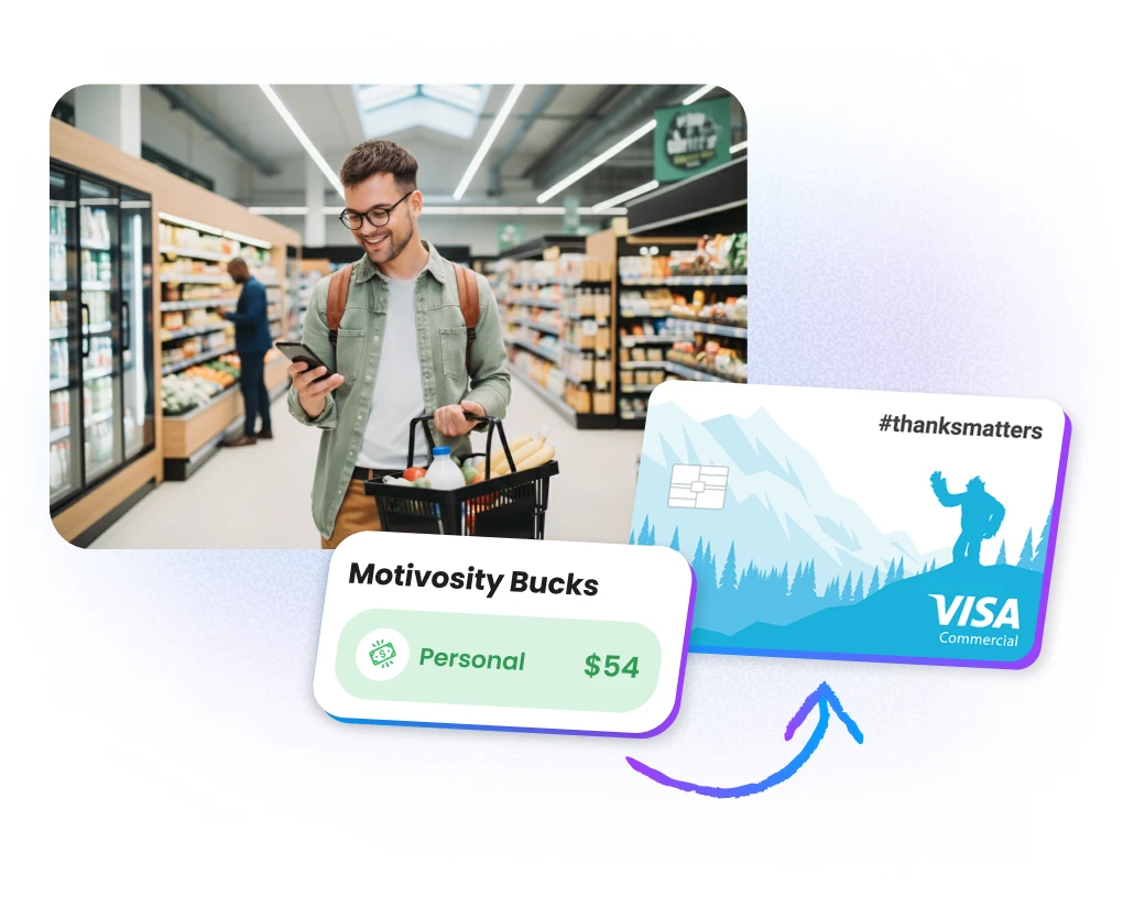 Employee using the Motivosity ThanksMatters Card to redeem rewards instantly anywhere VISA is accepted.