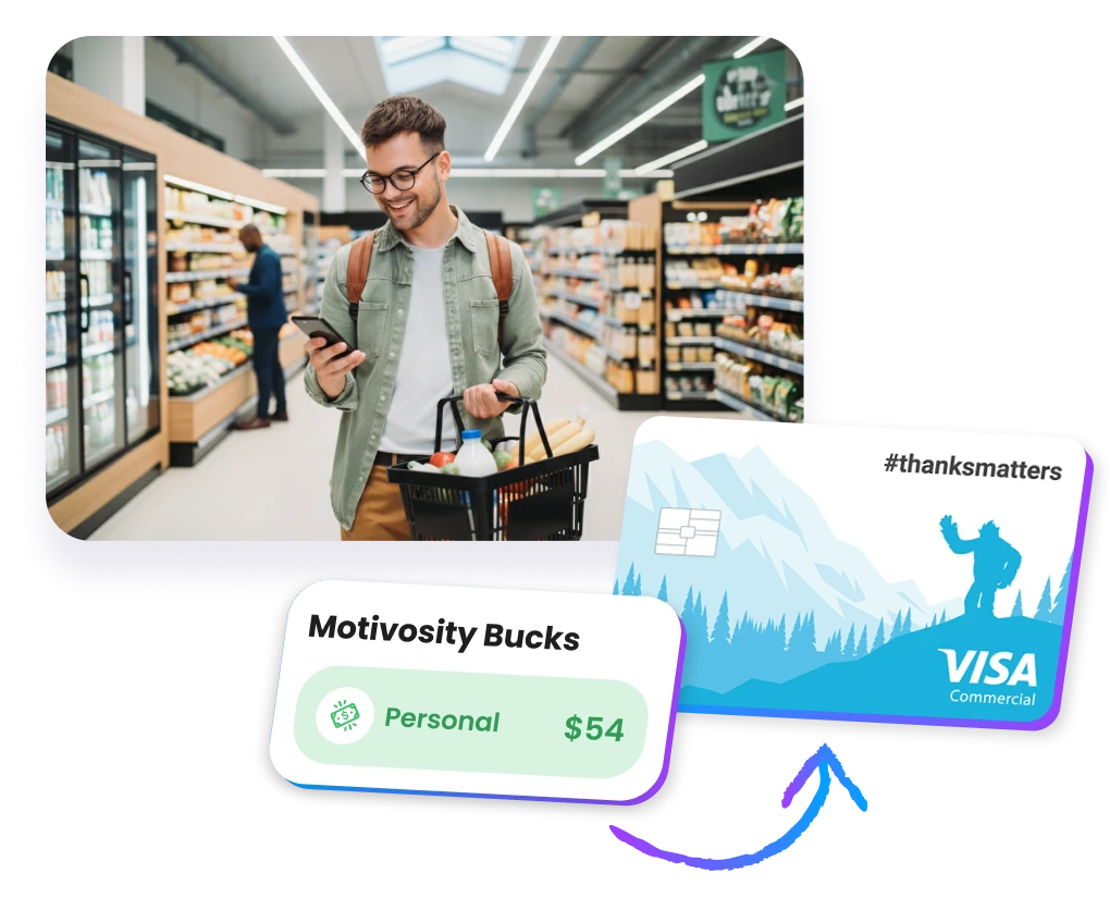 Employee using their Motivosity ThanksMatters Card to redeem rewards instantly anywhere VISA is accepted.