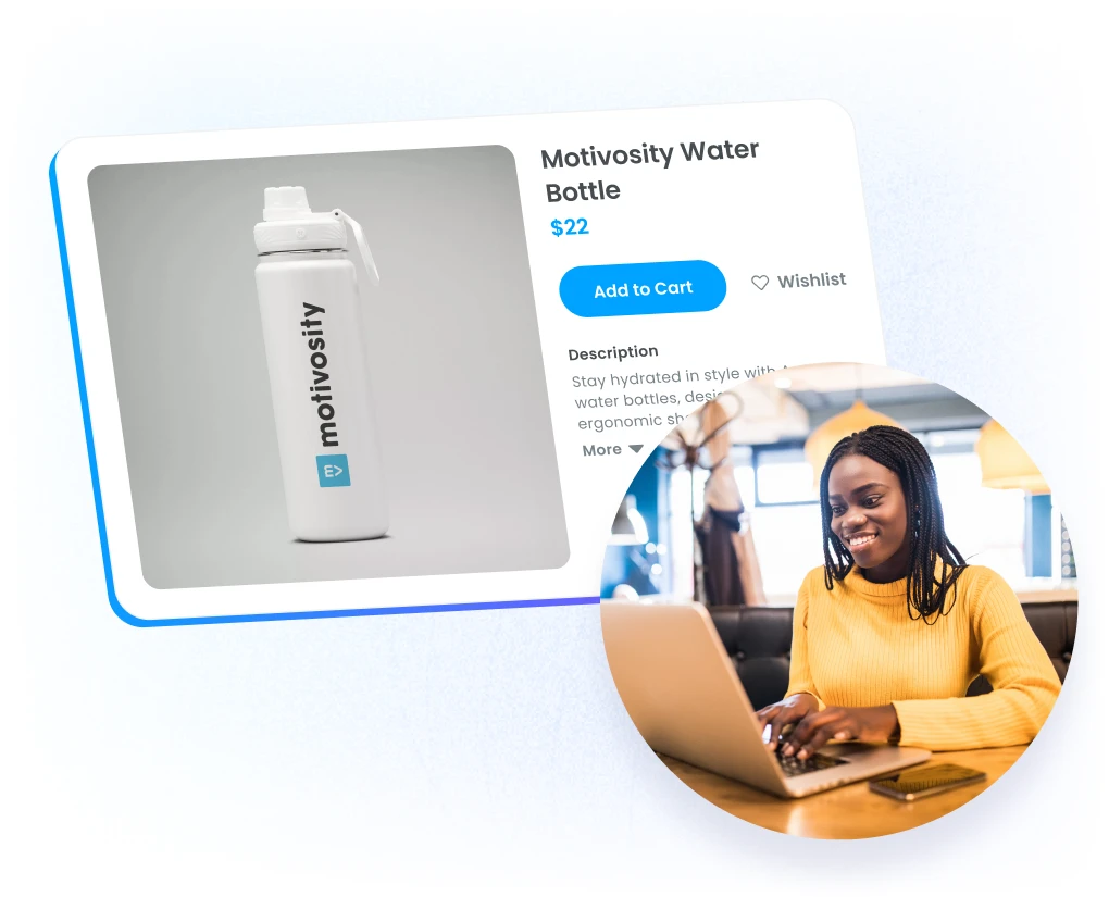 Employee redeeming a custom company-branded water bottle in Motivosity as part of the employee rewards program.