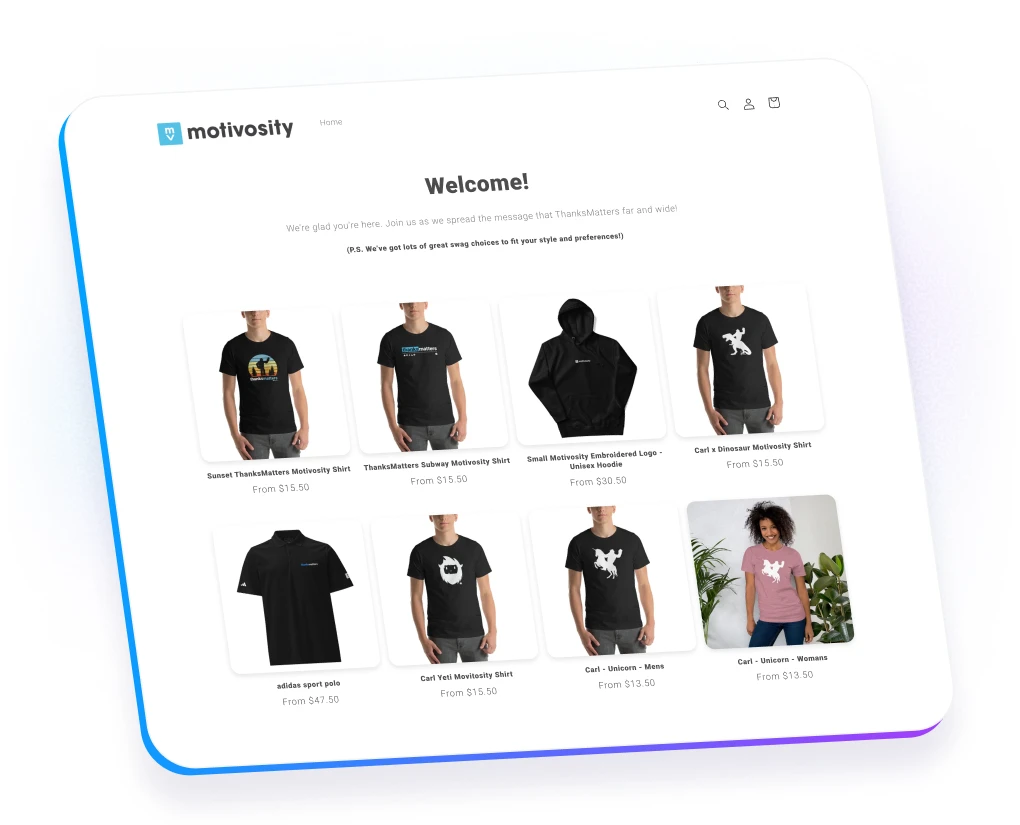 Public storefront in Motivosity with custom company swag for organizations to share branded merchandise with external audiences.