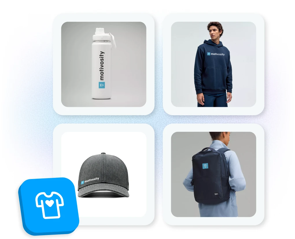 Custom company swag available through Motivosity with turnkey stores for branded merchandise and employee rewards.