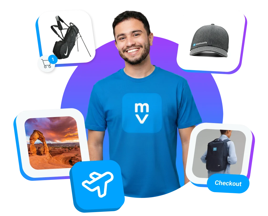 Custom swag and employee reward options available in Motivosity, including branded gifts, experiences, and personalized rewards.