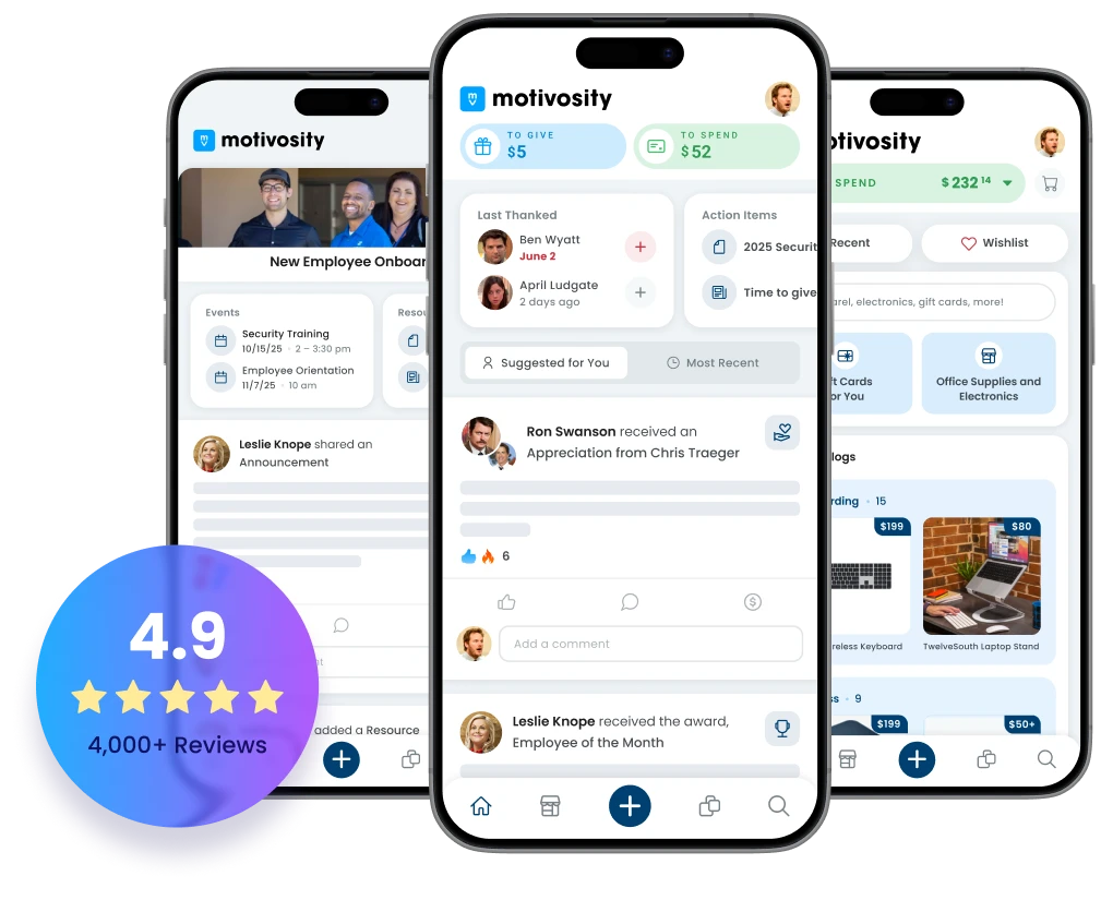 Motivosity mobile app interface showing employee recognition, rewards, and engagement features accessible on any device.