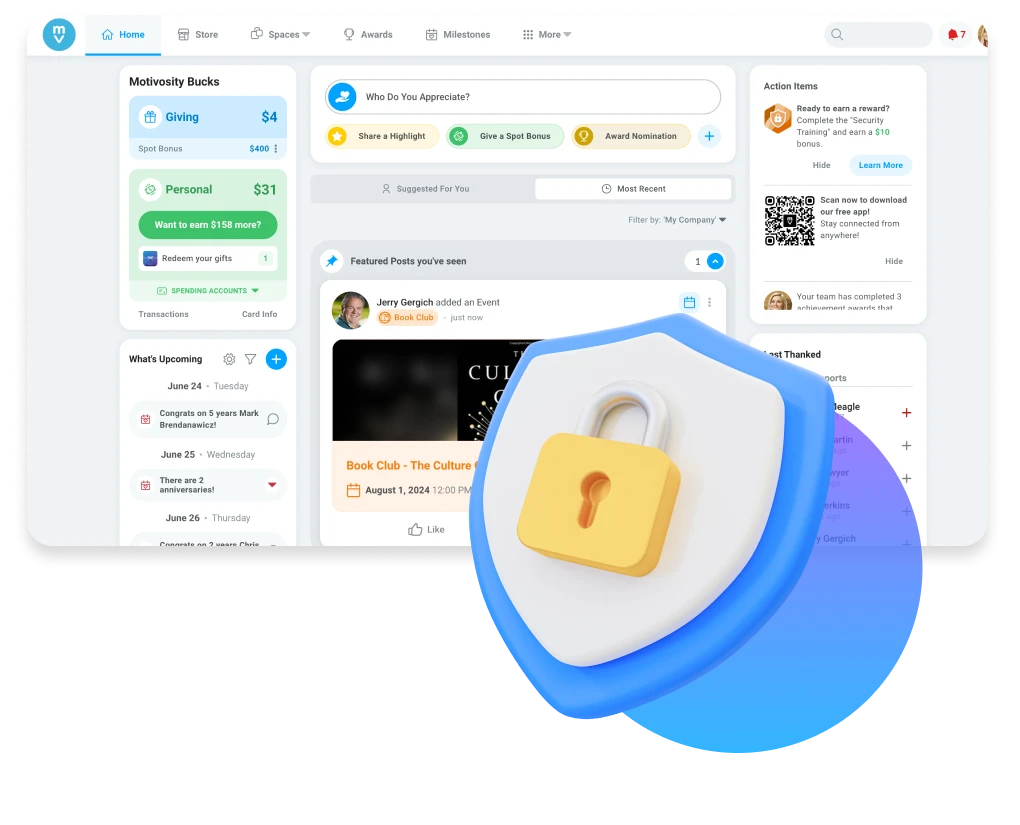 Motivosity platform interface showcasing a secure, user-friendly design for employee engagement and recognition programs.