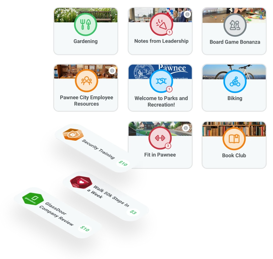 Employee spaces in Motivosity for company programs, interest groups, ERGs, and workplace communities.