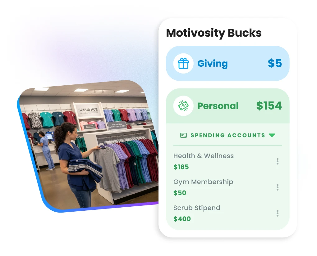 A woman in medical scrubs selecting a scrub top in a store with a display of colorful scrubs, alongside a graphic showing a Motivosity Bucks summary with giving and personal account balances and spending accounts details.