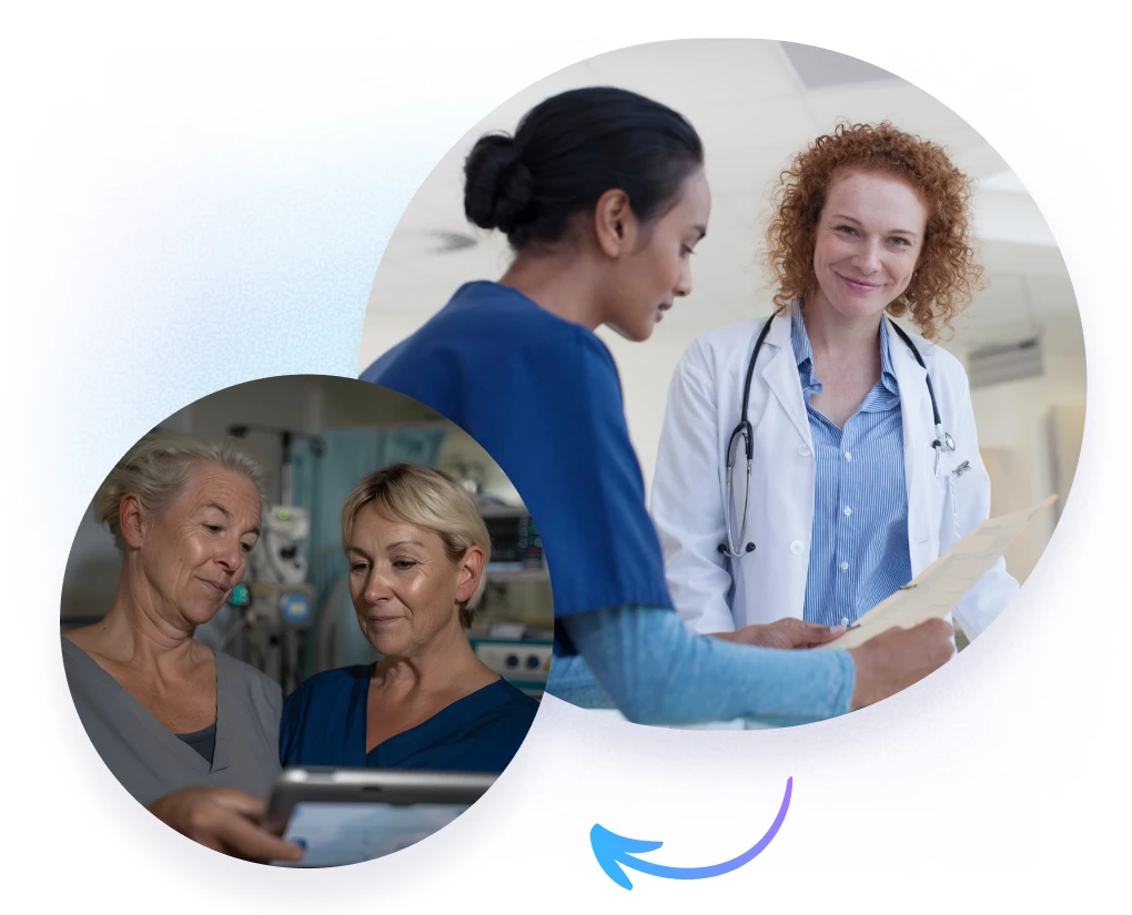 Healthcare employees collaborating across roles, shifts, and locations using Motivosity to build teamwork and connection.