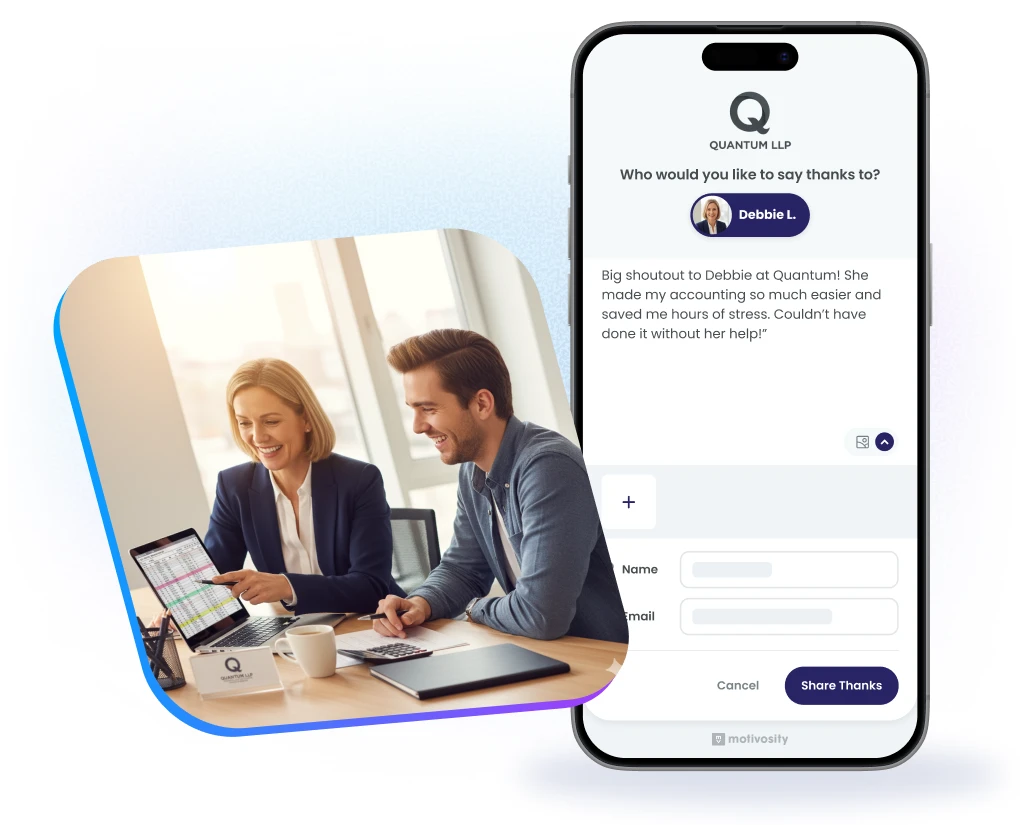 A woman in medical scrubs selecting a scrub top in a store with a display of colorful scrubs, alongside a graphic showing a Motivosity Bucks summary with giving and personal account balances and spending accounts details.