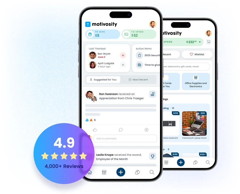 Native Motivosity mobile app keeping distributed tech company employees connected, engaged, and recognized from anywhere.