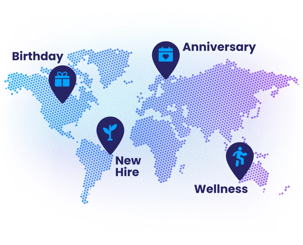 Global map showing employee recognition and celebrations happening in Motivosity around the world across distributed tech teams.