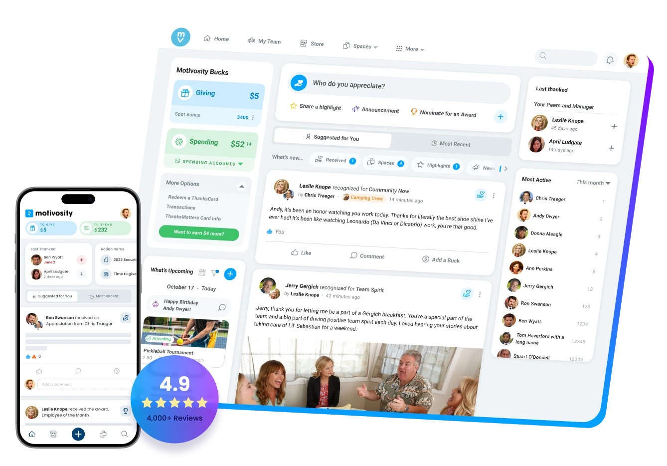 Motivosity user interface on desktop and mobile showing giving and spending balances, recognition posts, user rankings, and notifications.