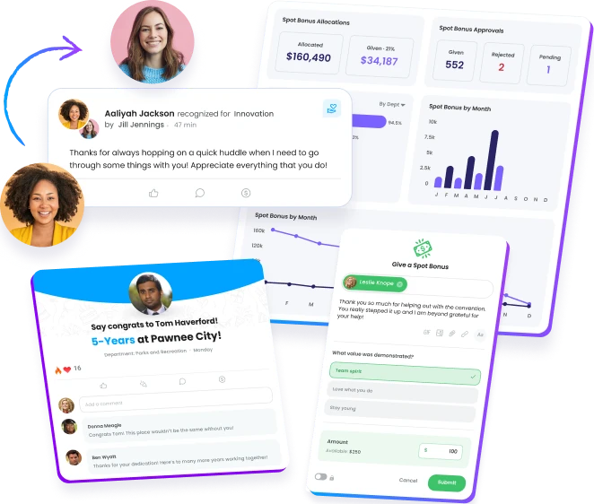 Collage of user interface screens showing employee recognition messages, bonus allocation charts, and a digital form for giving spot bonuses Motivosity